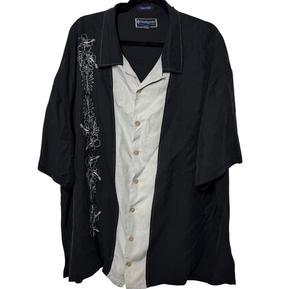 Weekender Silk Linen‎ Floral Embroidered Camp Shirt 3X Black Grey